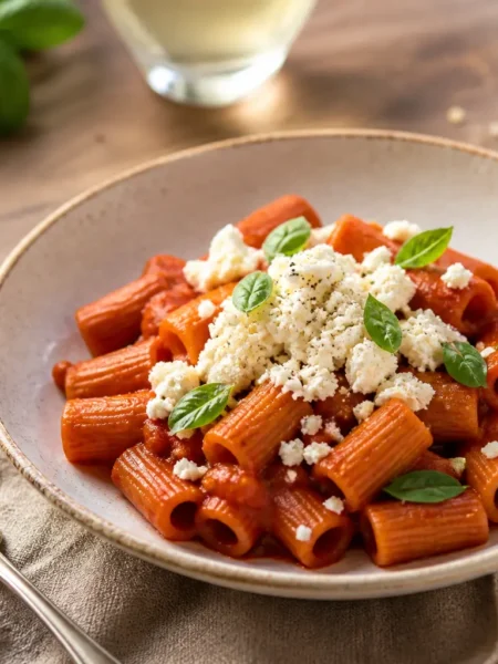 Pasta integrale con crema di peperoni, feta sbriciolata e basilico