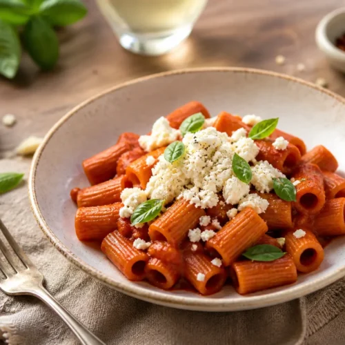 Pasta integrale con crema di peperoni e feta
