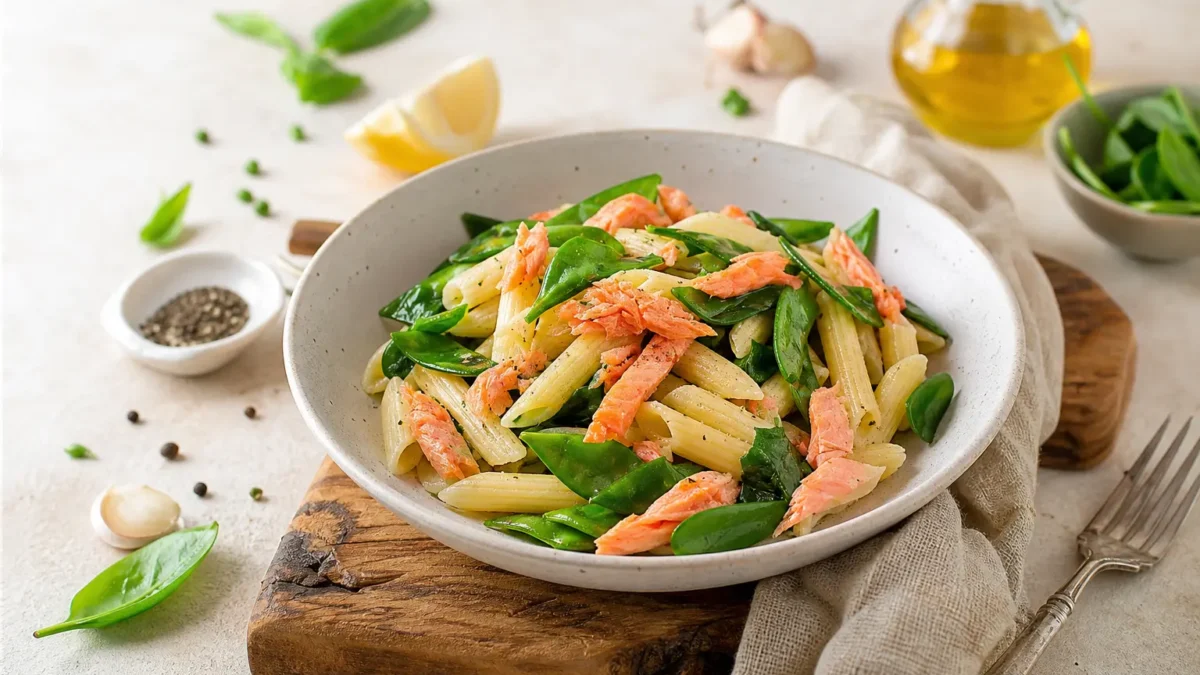 Penne con salmone affumicato, taccole e spinacino al limone