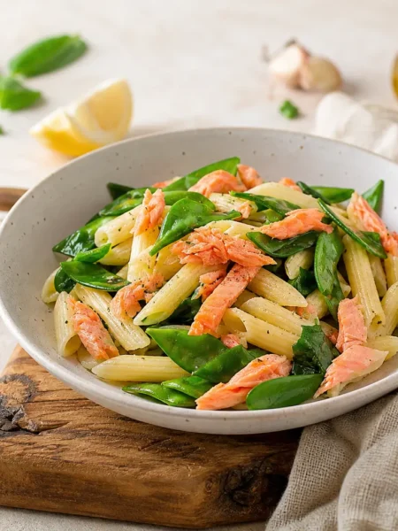 Penne con salmone affumicato, taccole e spinacino al limone