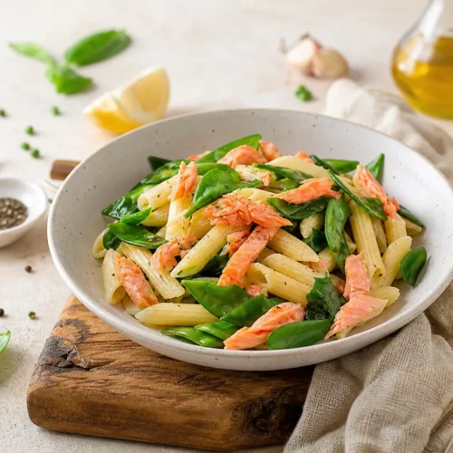 Penne con salmone affumicato e taccole