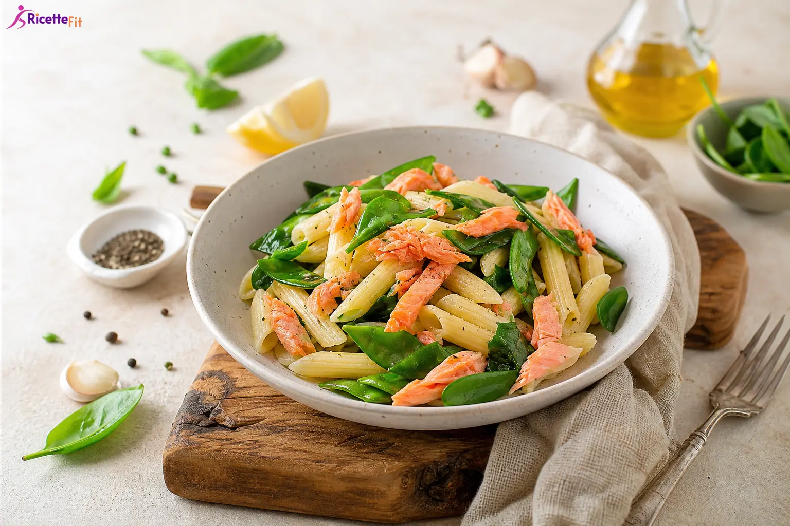 Penne con salmone affumicato, taccole e spinacino al limone