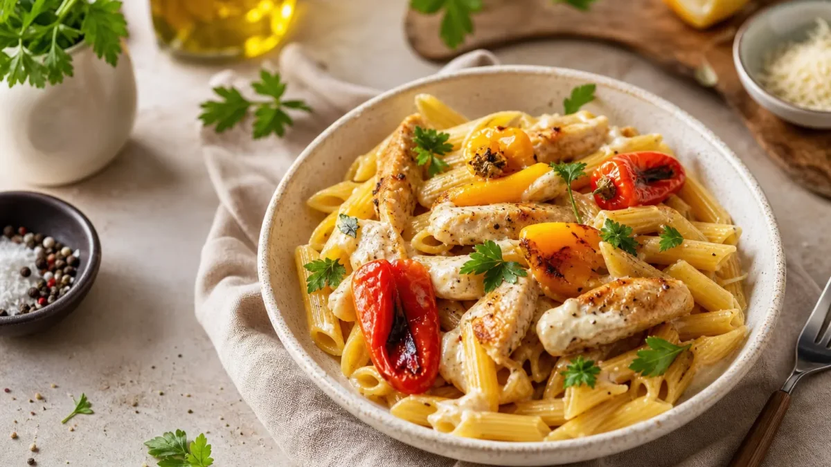 Penne integrali cremose con pollo e peperoni arrostiti