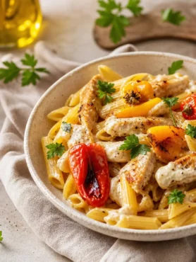 Penne integrali cremose con pollo e peperoni arrostiti