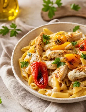 Penne integrali cremose con pollo e peperoni arrostiti
