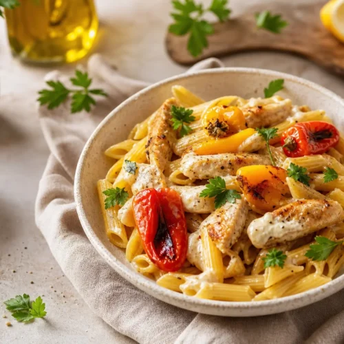 Penne cremose alla panna leggera con peperoni arrostiti e pollo