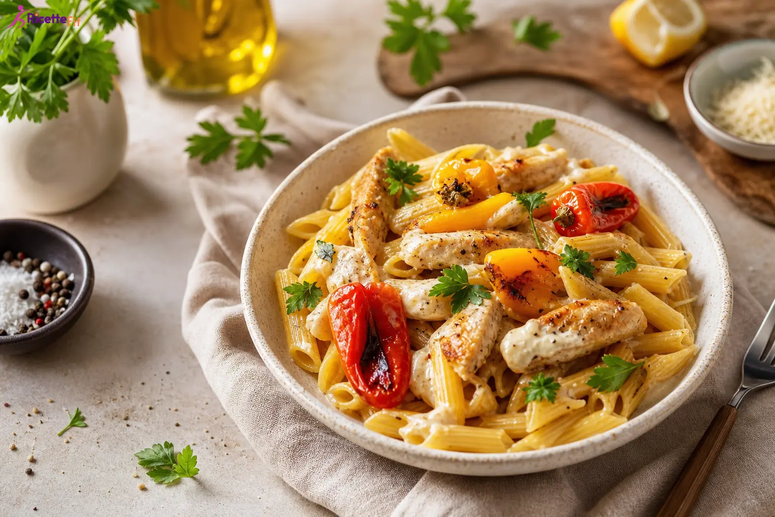 Penne integrali cremose con pollo e peperoni arrostiti