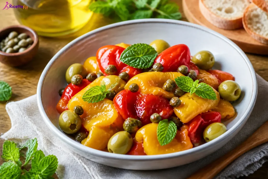 Peperoni arrostiti con capperi, olive verdi e basilico