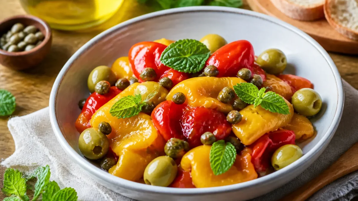 Peperoni arrostiti con capperi, olive verdi e basilico