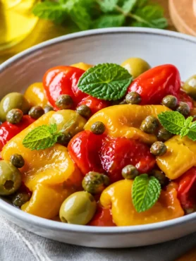 Peperoni arrostiti con capperi, olive verdi e basilico