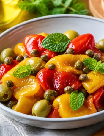 Peperoni arrostiti con capperi, olive verdi e basilico