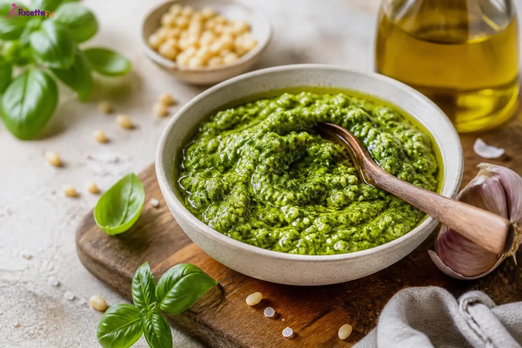Pesto di basilico fit in ciotola con pinoli, aglio e olio extravergine