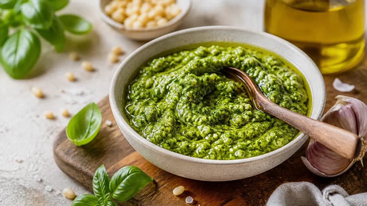 Pesto di basilico fit in ciotola con pinoli, aglio e olio extravergine