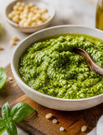 Pesto di basilico fit in ciotola con pinoli, aglio e olio extravergine