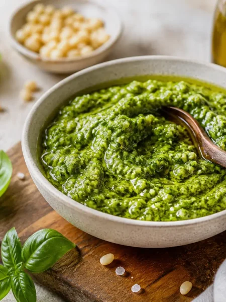 Pesto di basilico fit in ciotola con pinoli, aglio e olio extravergine