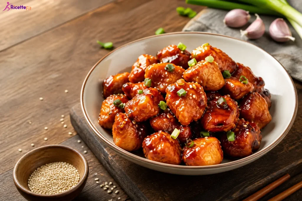 Pollo al sesamo con salsa teriyaki light in ciotola