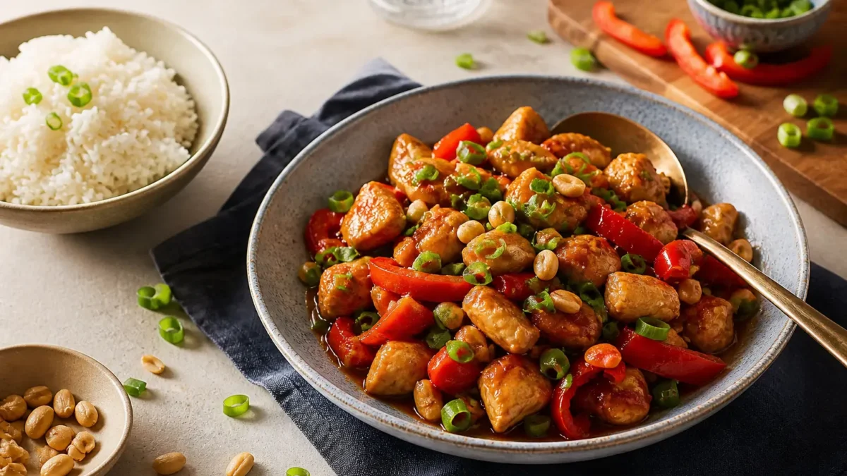 Pollo con peperoni e cipollotti in salsa di soia leggera con riso basmati