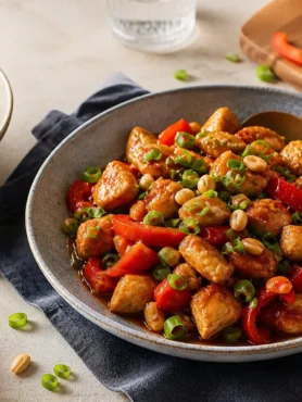 Pollo con peperoni e cipollotti in salsa di soia leggera con riso basmati
