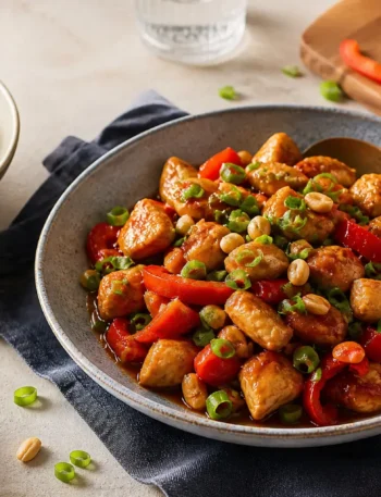 Pollo con peperoni e cipollotti in salsa di soia leggera con riso basmati