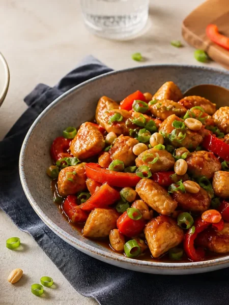Pollo con peperoni e cipollotti in salsa di soia leggera con riso basmati