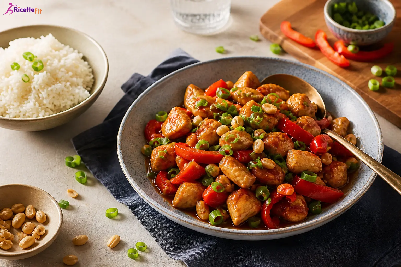 Pollo con peperoni e cipollotti in salsa leggera alla soia