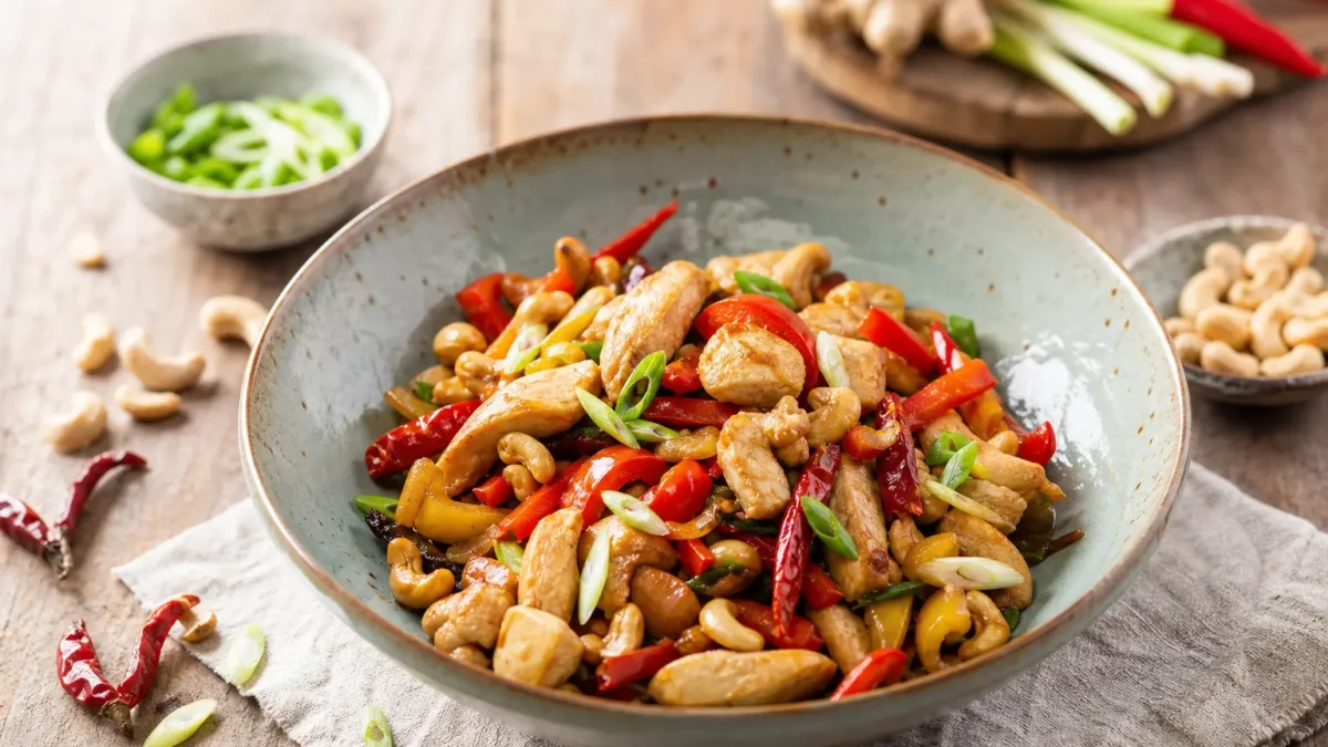 Pollo Kung Pao fit con anacardi, peperoni e cipollotto in ciotola