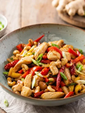Pollo Kung Pao fit con anacardi, peperoni e cipollotto in ciotola