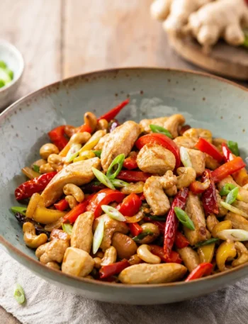 Pollo Kung Pao fit con anacardi, peperoni e cipollotto in ciotola