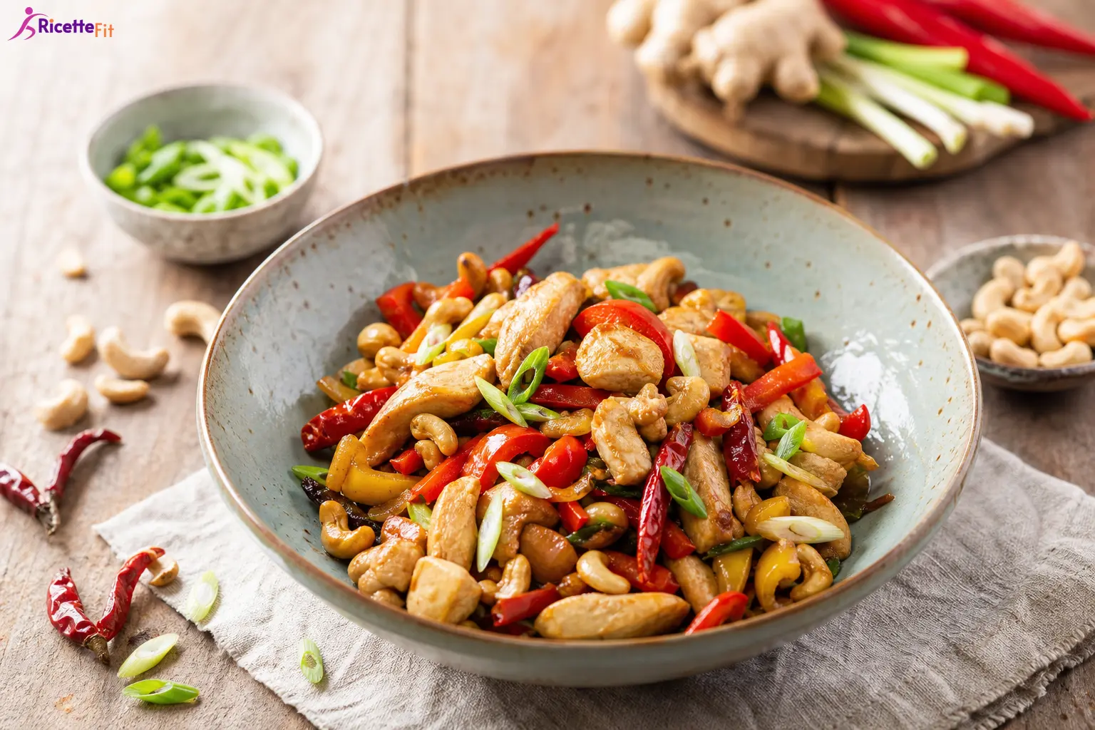 Pollo Kung Pao fit con anacardi, peperoni e cipollotto in ciotola
