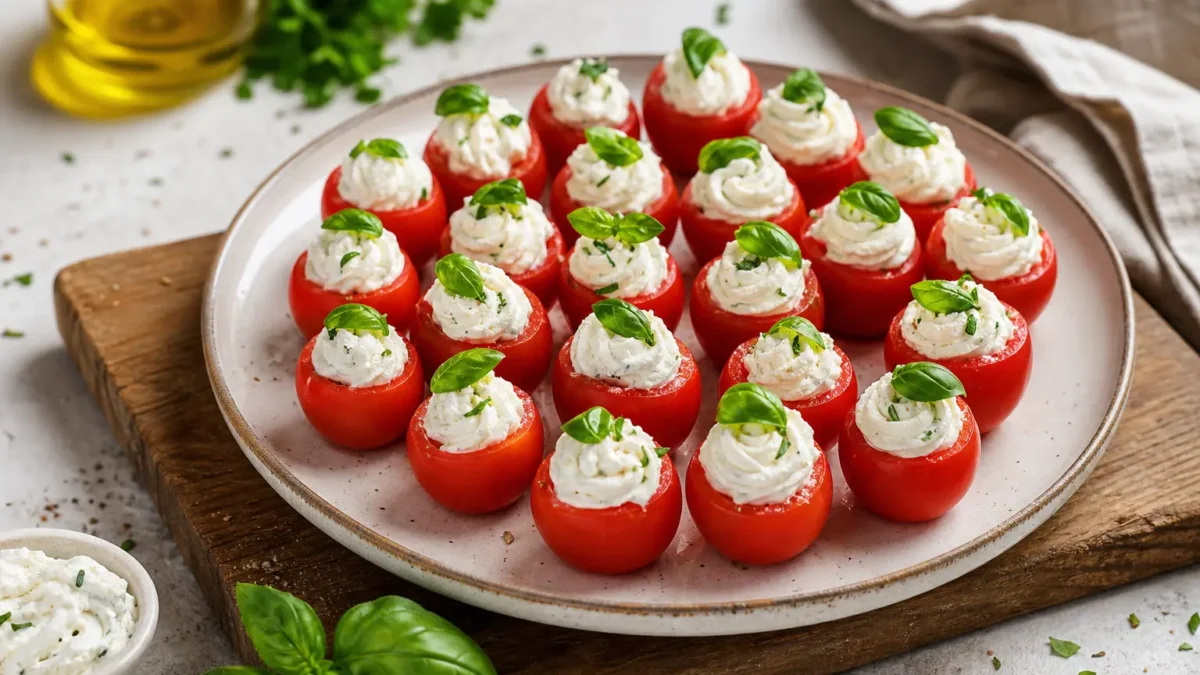 Pomodorini ripieni con crema di caprino e basilico