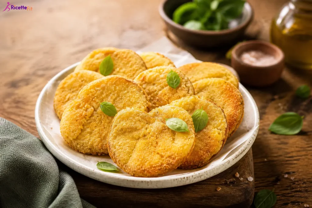 Pomodori verdi fritti leggeri dorati con basilico fresco