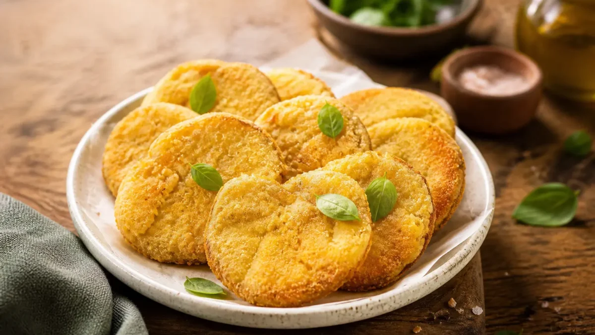 Pomodori verdi fritti leggeri dorati con basilico fresco