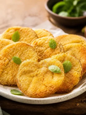 Pomodori verdi fritti leggeri dorati con basilico fresco