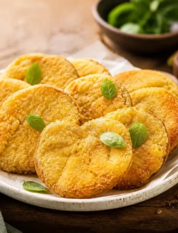Pomodori verdi fritti leggeri dorati con basilico fresco