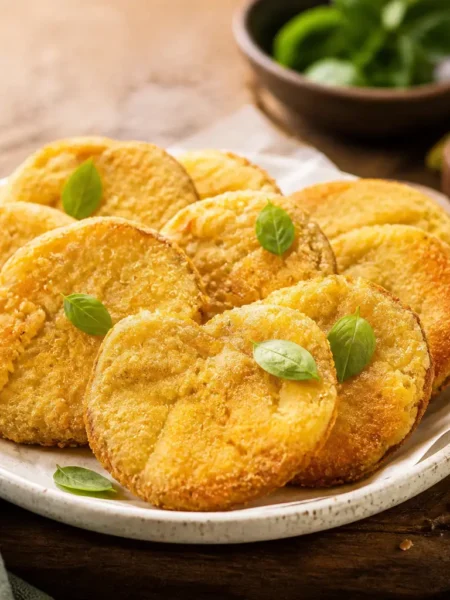 Pomodori verdi fritti leggeri dorati con basilico fresco