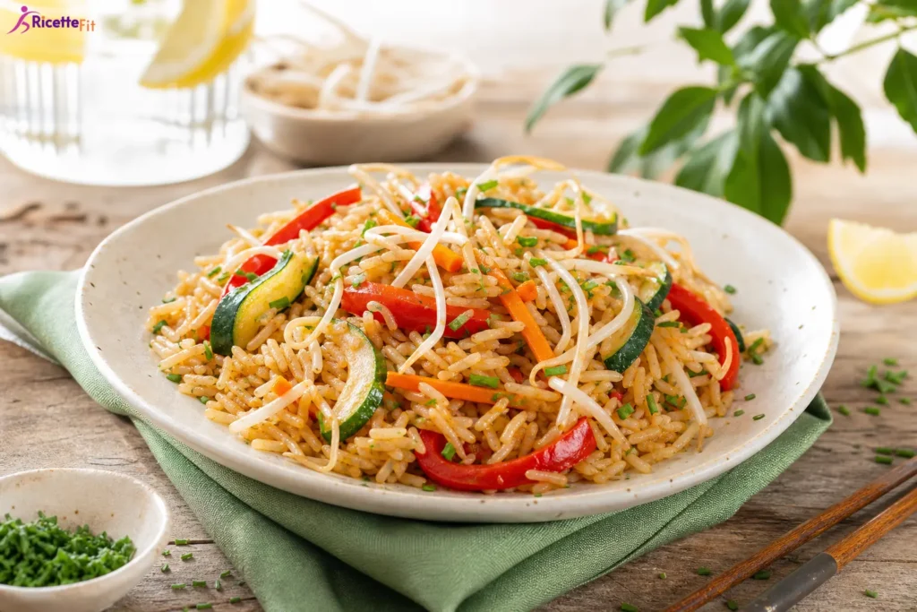 Riso basmati con verdure croccanti, germogli di soia e salsa di soia