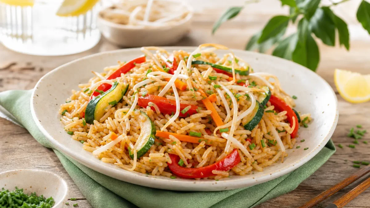 Riso basmati con verdure croccanti, germogli di soia e salsa di soia