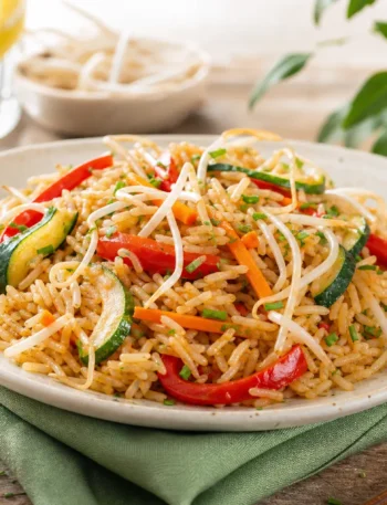 Riso basmati con verdure croccanti, germogli di soia e salsa di soia