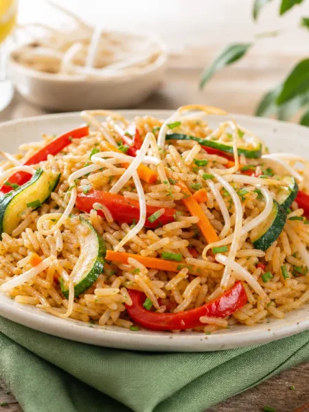 Riso basmati con verdure croccanti, germogli di soia e salsa di soia