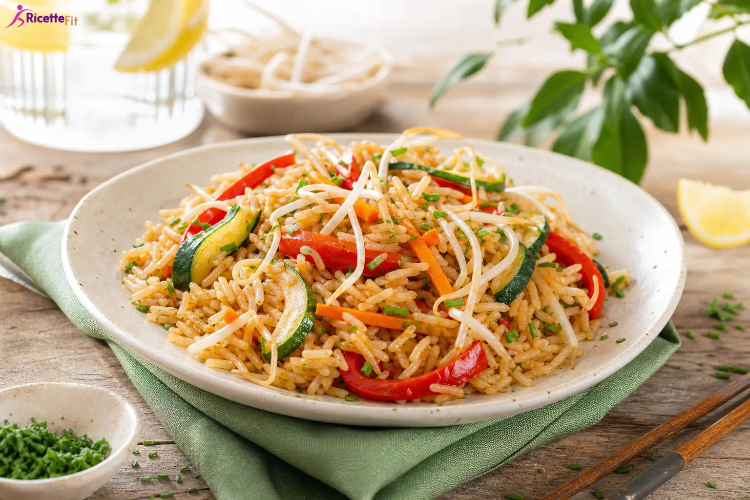 Riso basmati con verdure croccanti, germogli di soia e salsa di soia