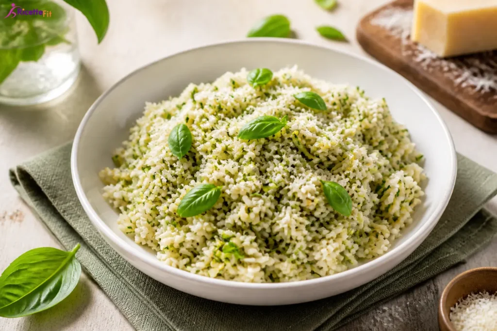 Riso freddo con zucchine basilico e Parmigiano in ciotola