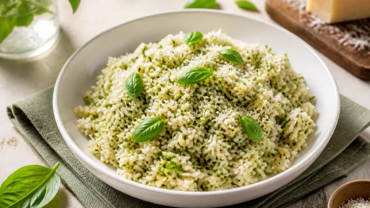 Riso freddo con zucchine basilico e Parmigiano in ciotola
