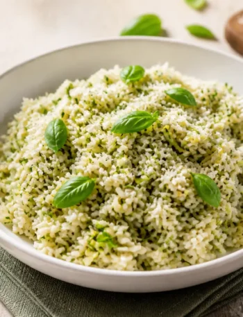 Riso freddo con zucchine basilico e Parmigiano in ciotola