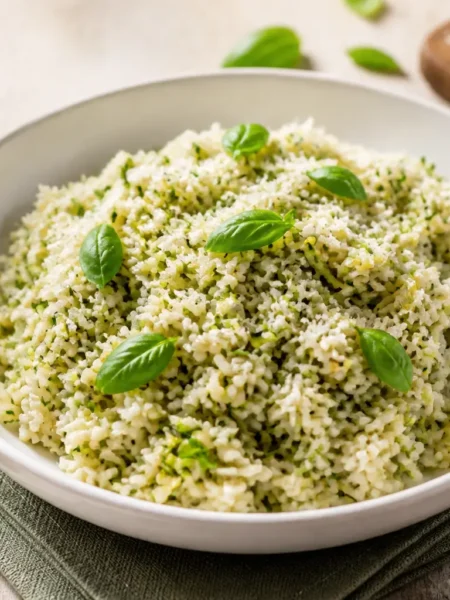 Riso freddo con zucchine basilico e Parmigiano in ciotola