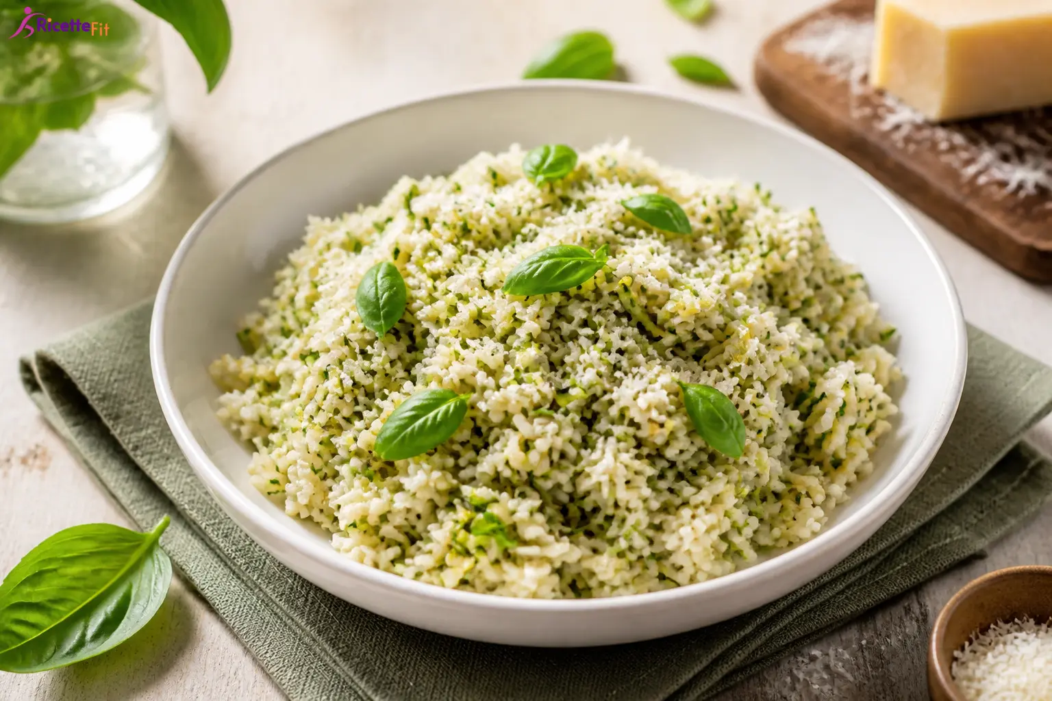 Riso freddo con zucchine basilico e Parmigiano in ciotola