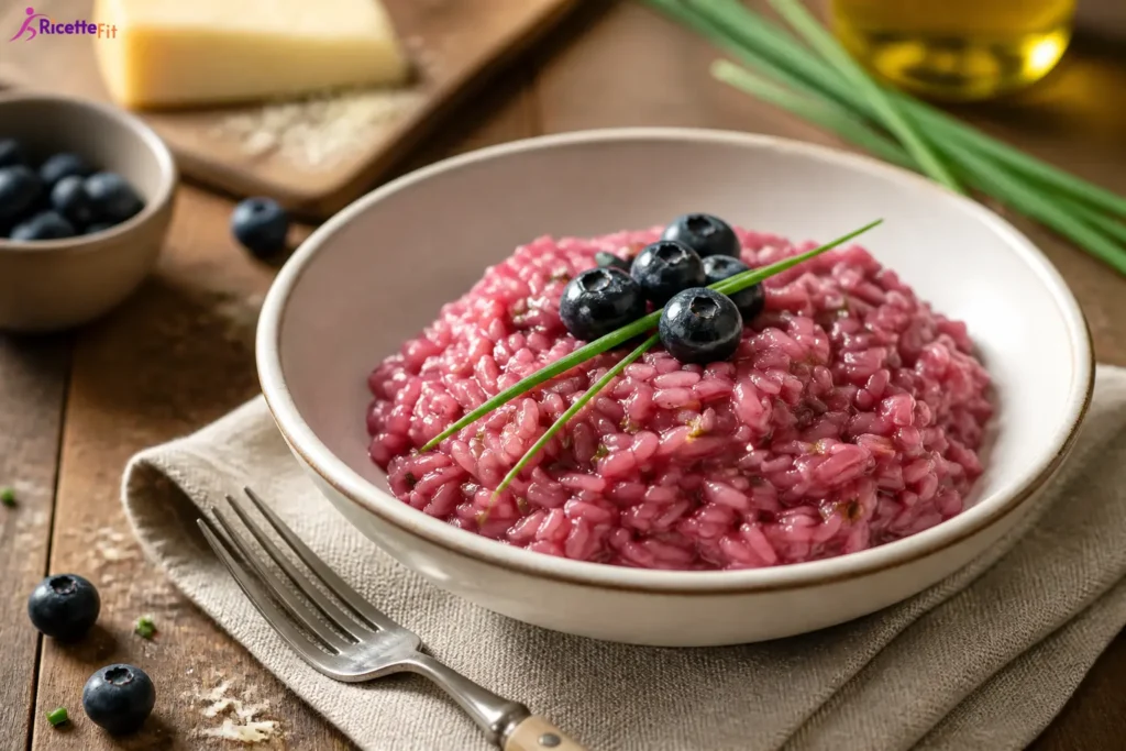 Risotto ai mirtilli di bosco con erba cipollina in ciotola