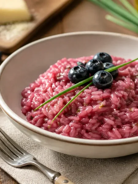 Risotto ai mirtilli di bosco con erba cipollina in ciotola