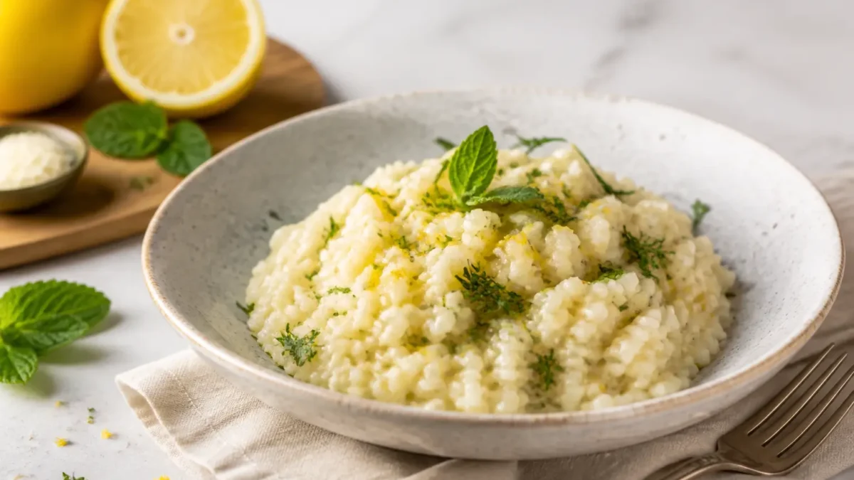 Risotto al basilico e limone cremoso con menta e scorza di limone