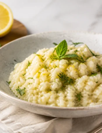 Risotto al basilico e limone cremoso con menta e scorza di limone