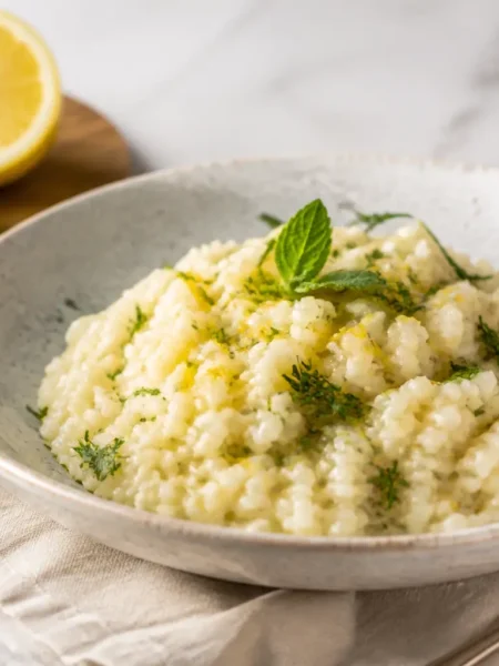 Risotto al basilico e limone cremoso con menta e scorza di limone